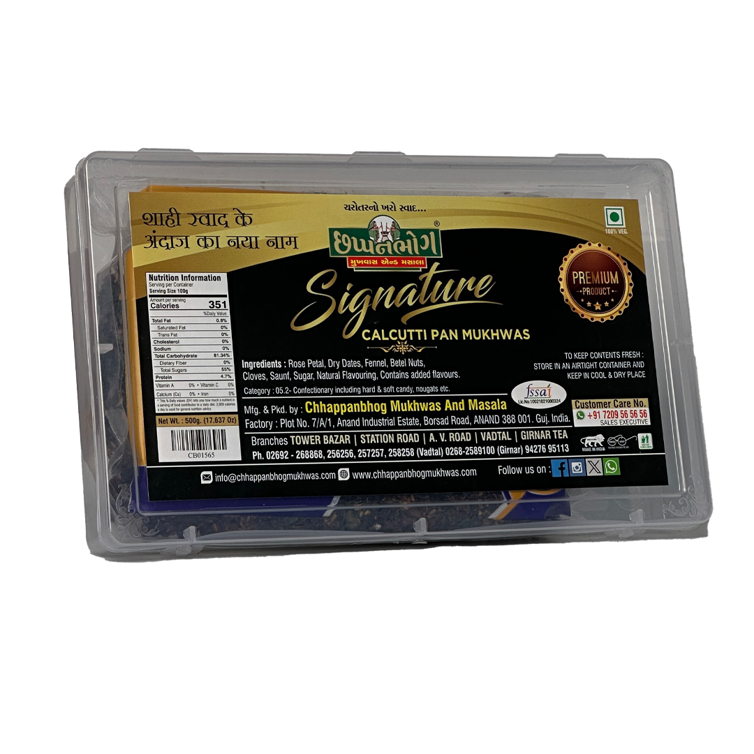 500gm Chhappanbhog Signature Calcutti Pan Mukhwas pack with ingredients and nutrition info