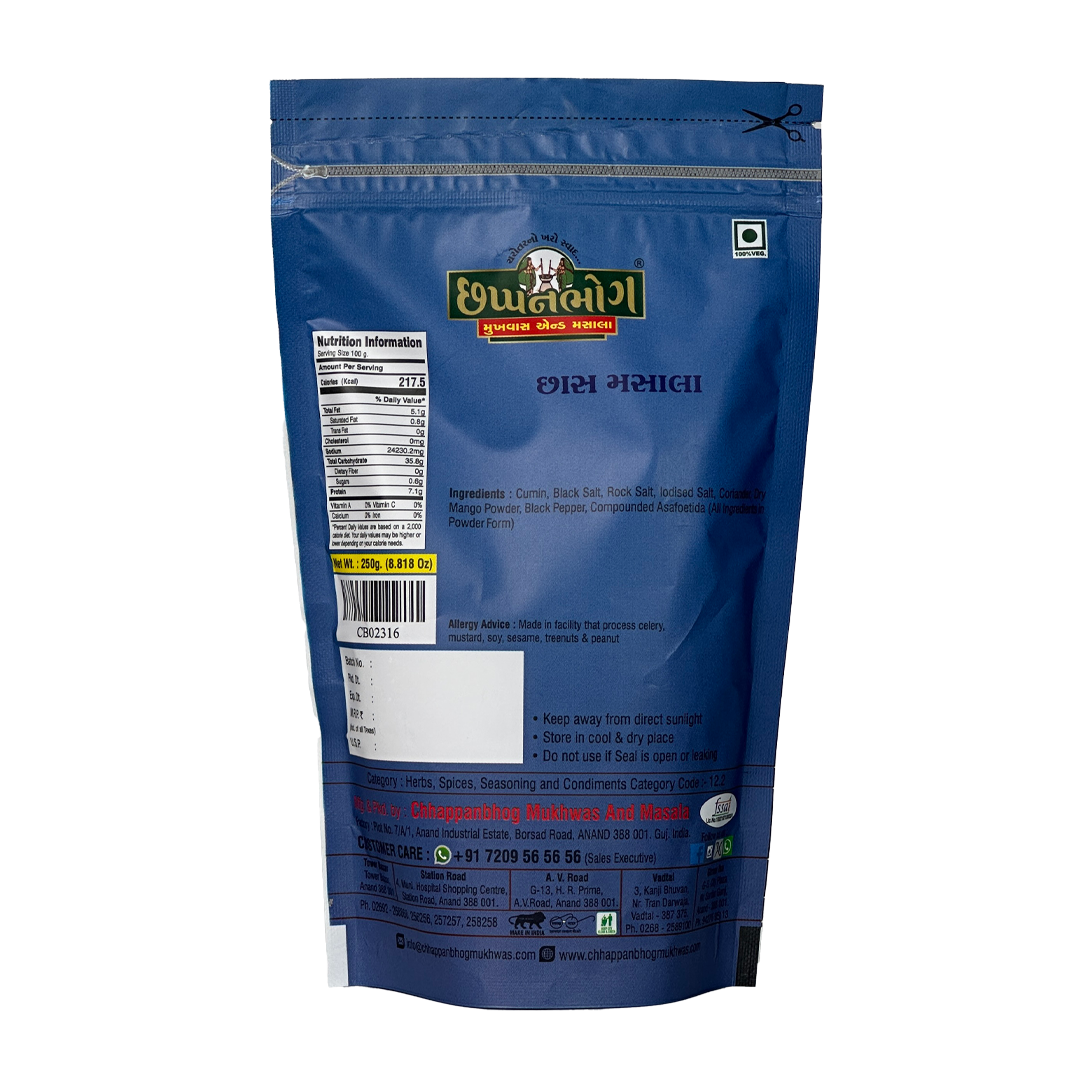 Back packaging details with ingredients of Buttermilk Masala 250gm