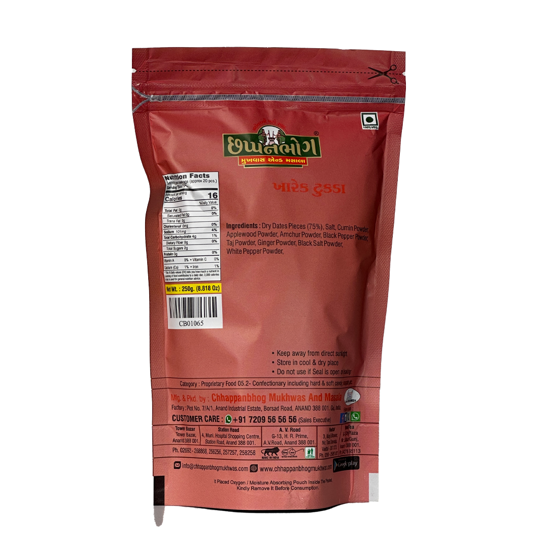Back packaging details with ingredients of Chhappanbhog Kharek Tukda 250gm