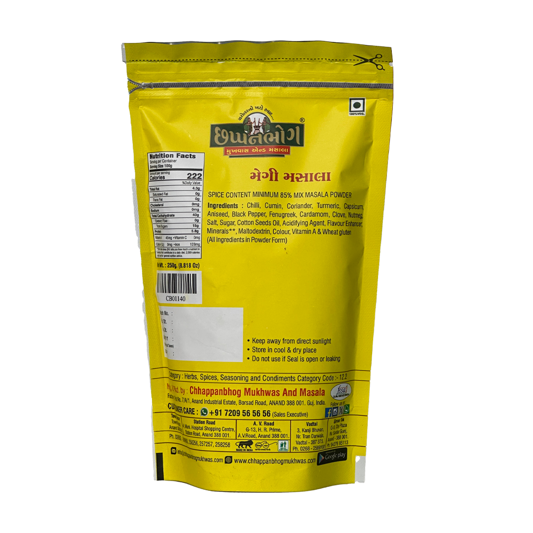 Chhappanbhog Maggi Masala 250 gm pack back with ingredients