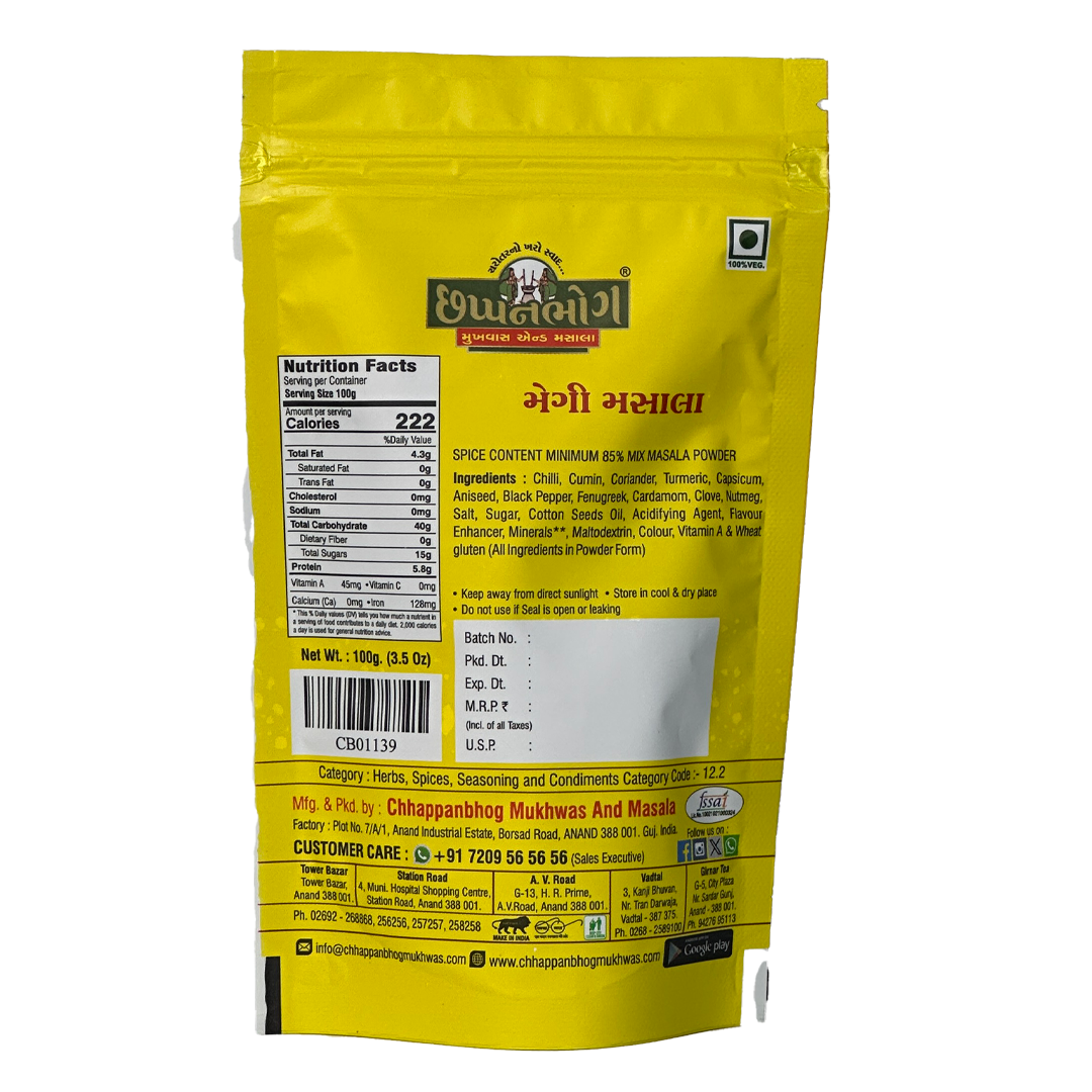 Back packaging details of Chhappanbhog Maggi Masala 100gm