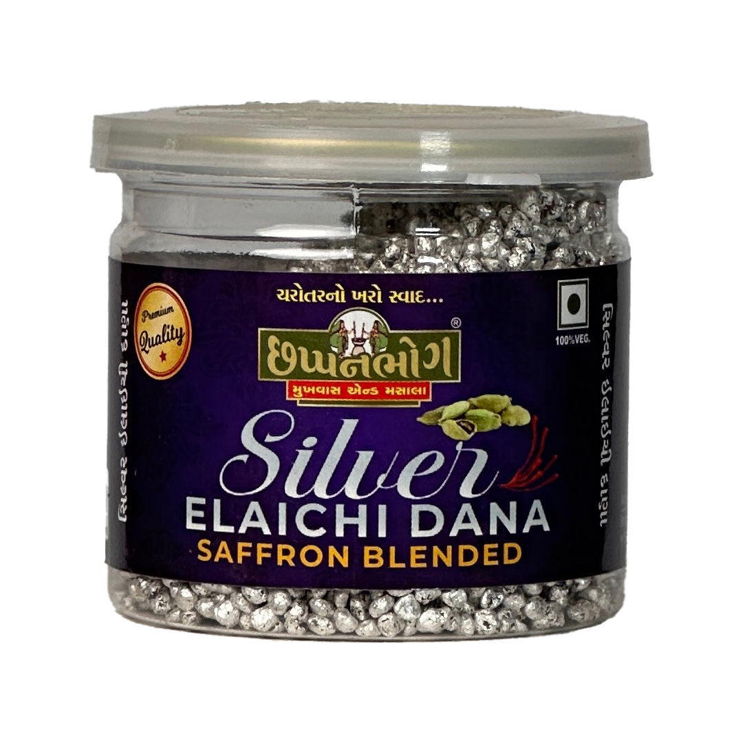 Premium Chhappanbhog Silver Elaichi Dana 100gm front label