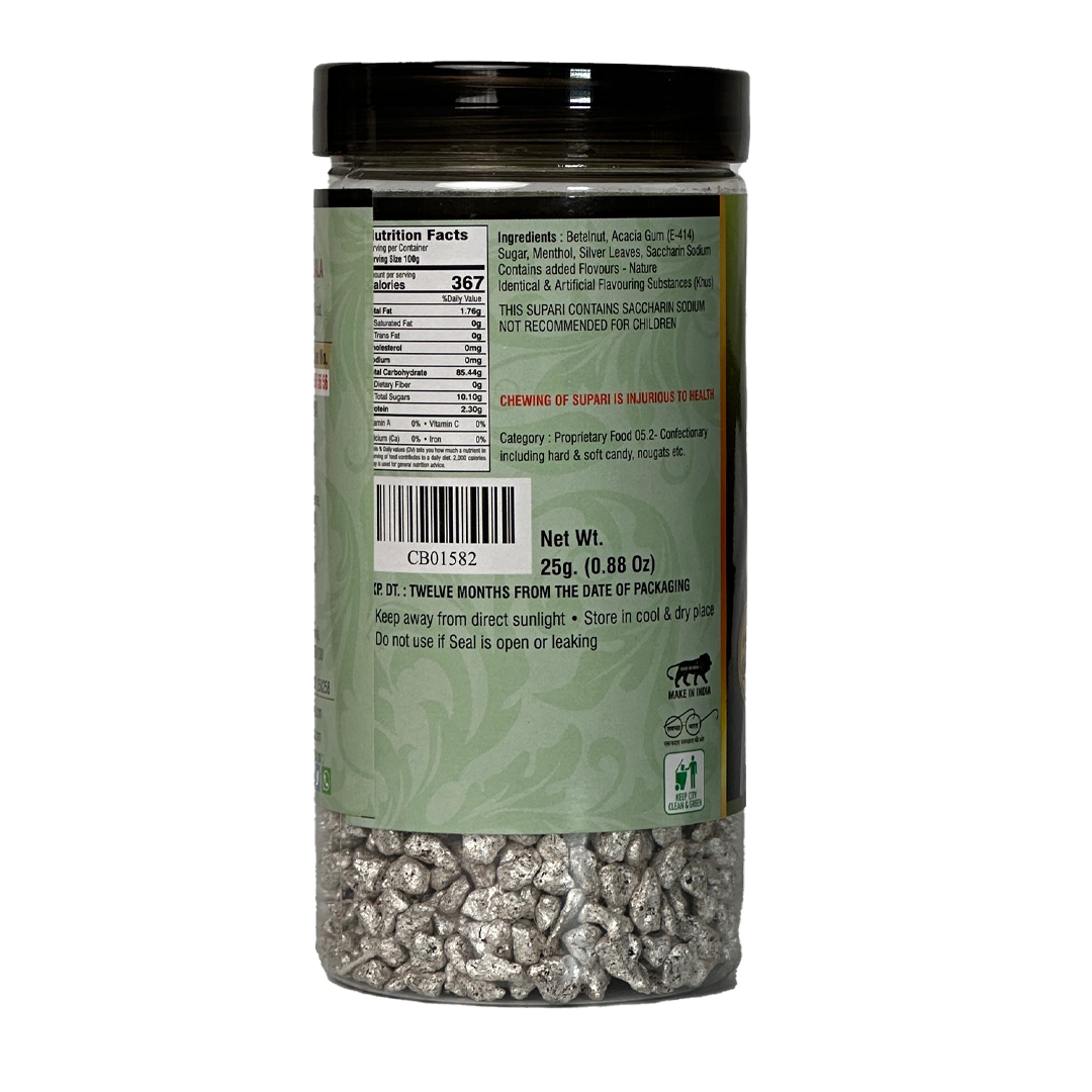 Chhappanbhog Silver Khus Supari 250gm pack back view with ingredients and nutrition info