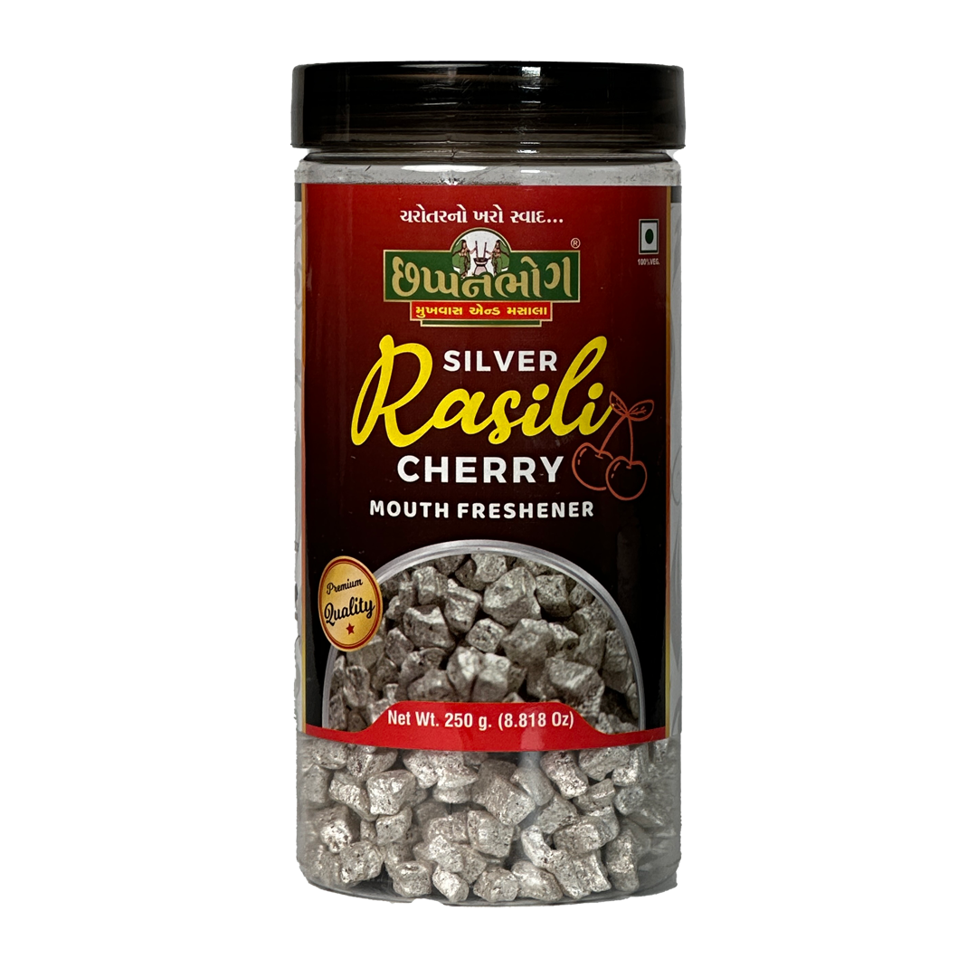 Chhappanbhog Silver Rasili Cherry Mouth Freshener 250 gm front view