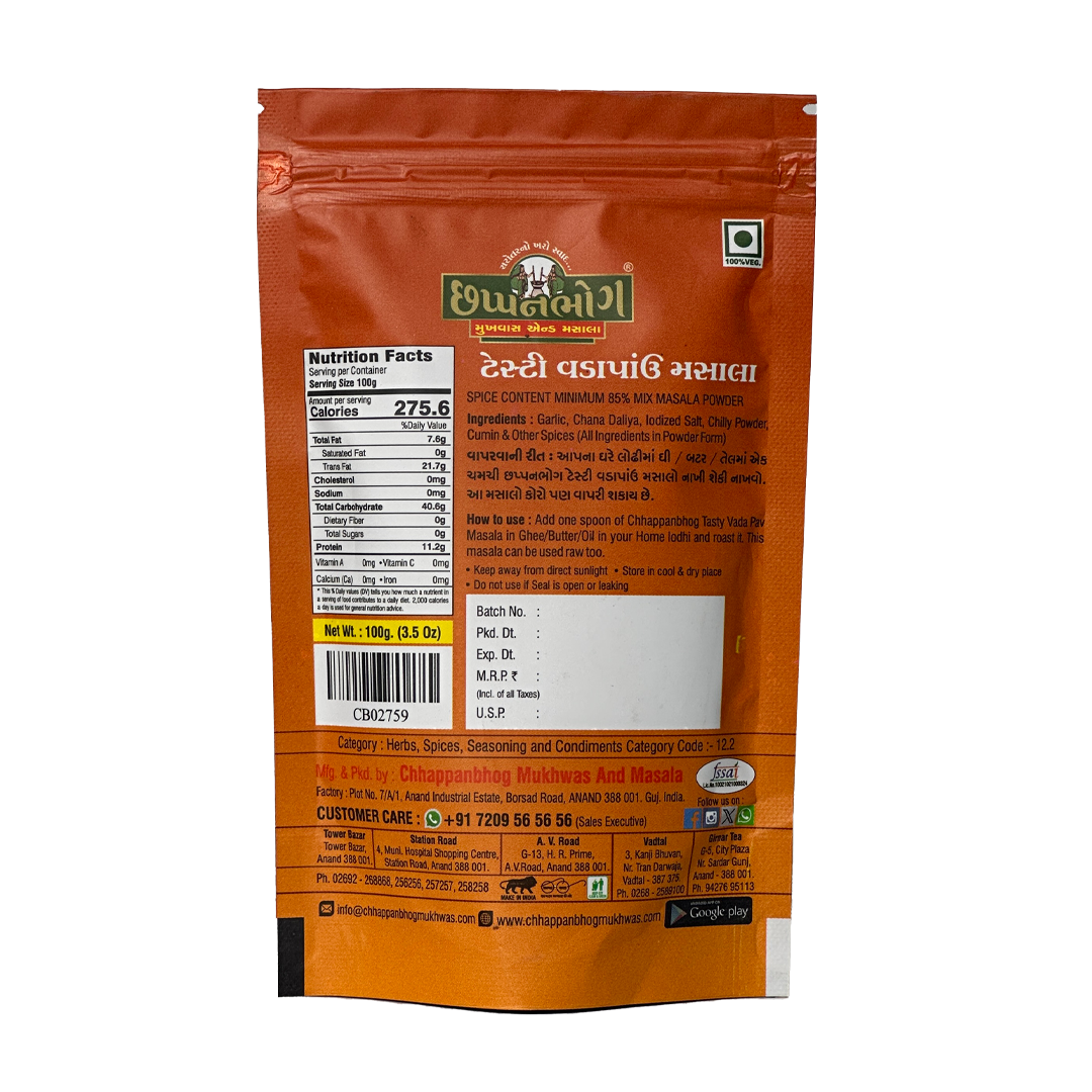 Back packaging details with ingredients  of Chhappanbhog Tasty Vadapav Masala 100gm