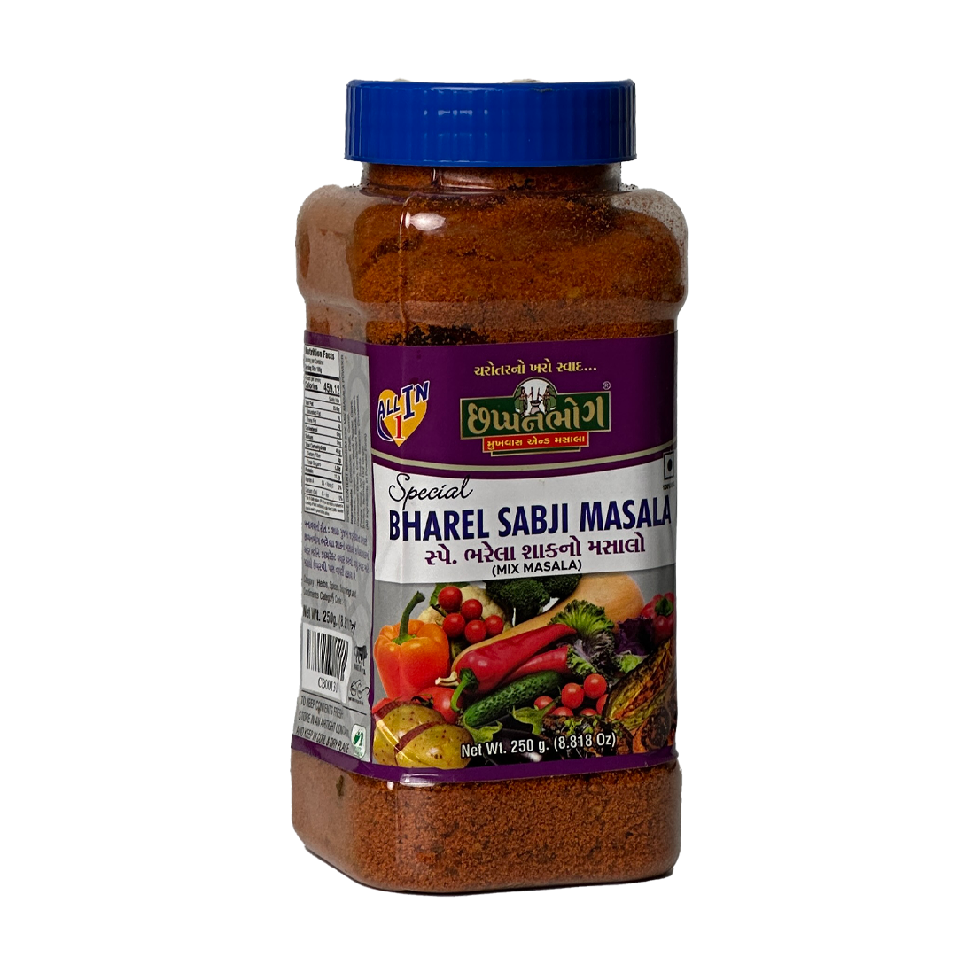 Chhappanbhog Bharel Sabji Masala 250g front view showing premium Indian spice packaging