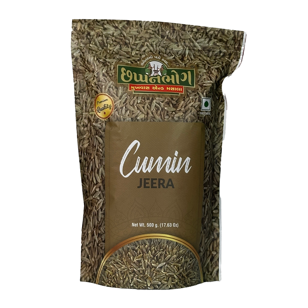 Chhappanbhog Cumin Jeera 500gm front view – premium Indian spice packaging