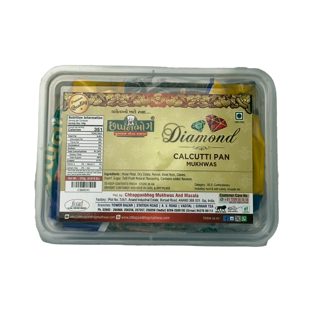 Chhappanbhog Diamond Calcutti Paan Mukhwas 250g pack with front view, ingredients list, and nutrition information