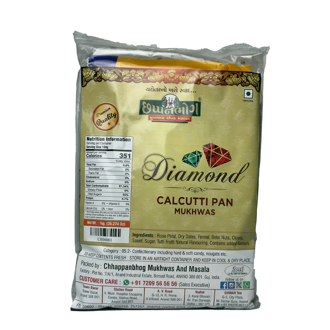 Chhappanbhog Diamond Calcutti Pan Mukhwas 1kg pack with front view, ingredients list, and nutrition information