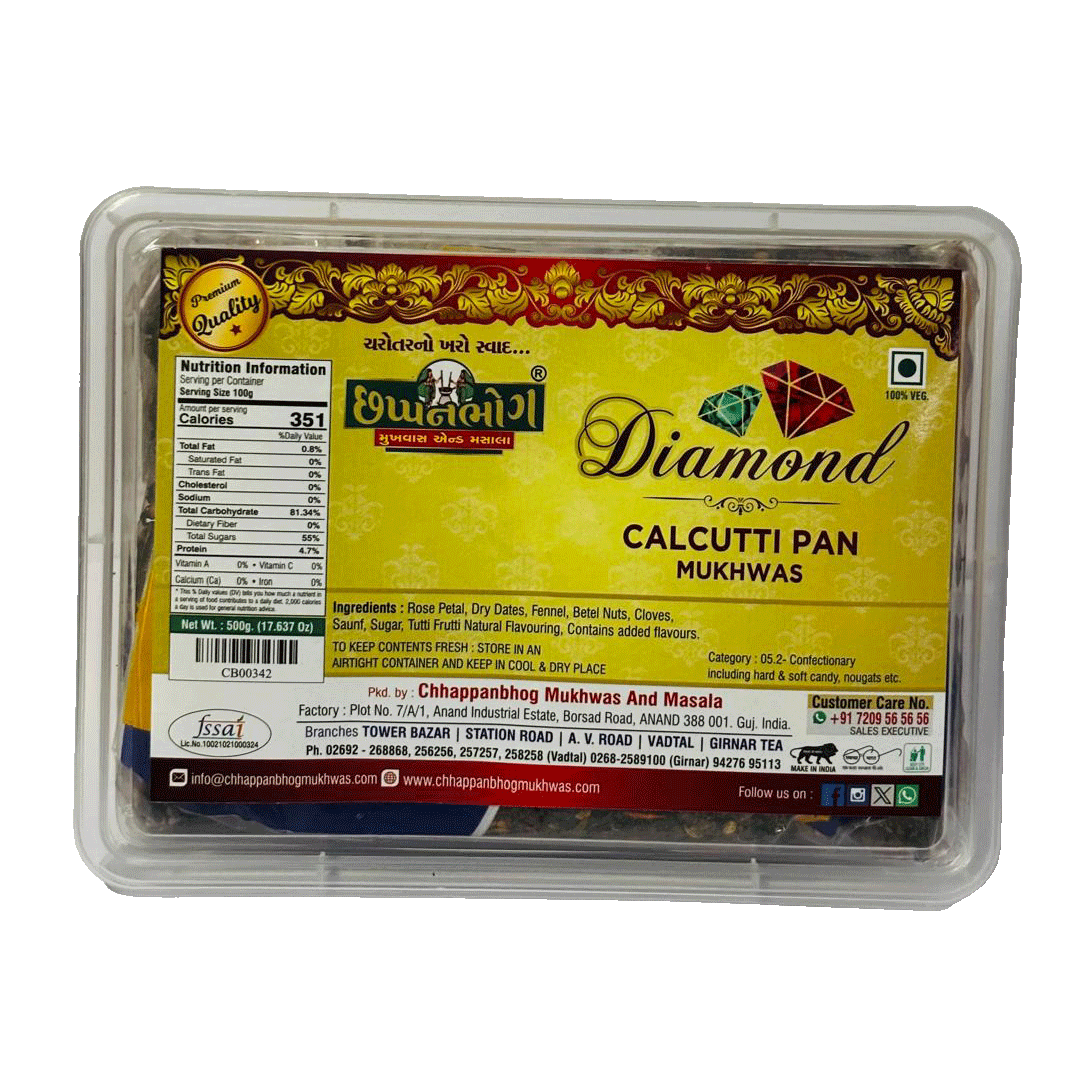 Chhappanbhog Diamond Culcatti Pan Mukhwash 500g front view showing ingredients, nutrition facts, and packaging details