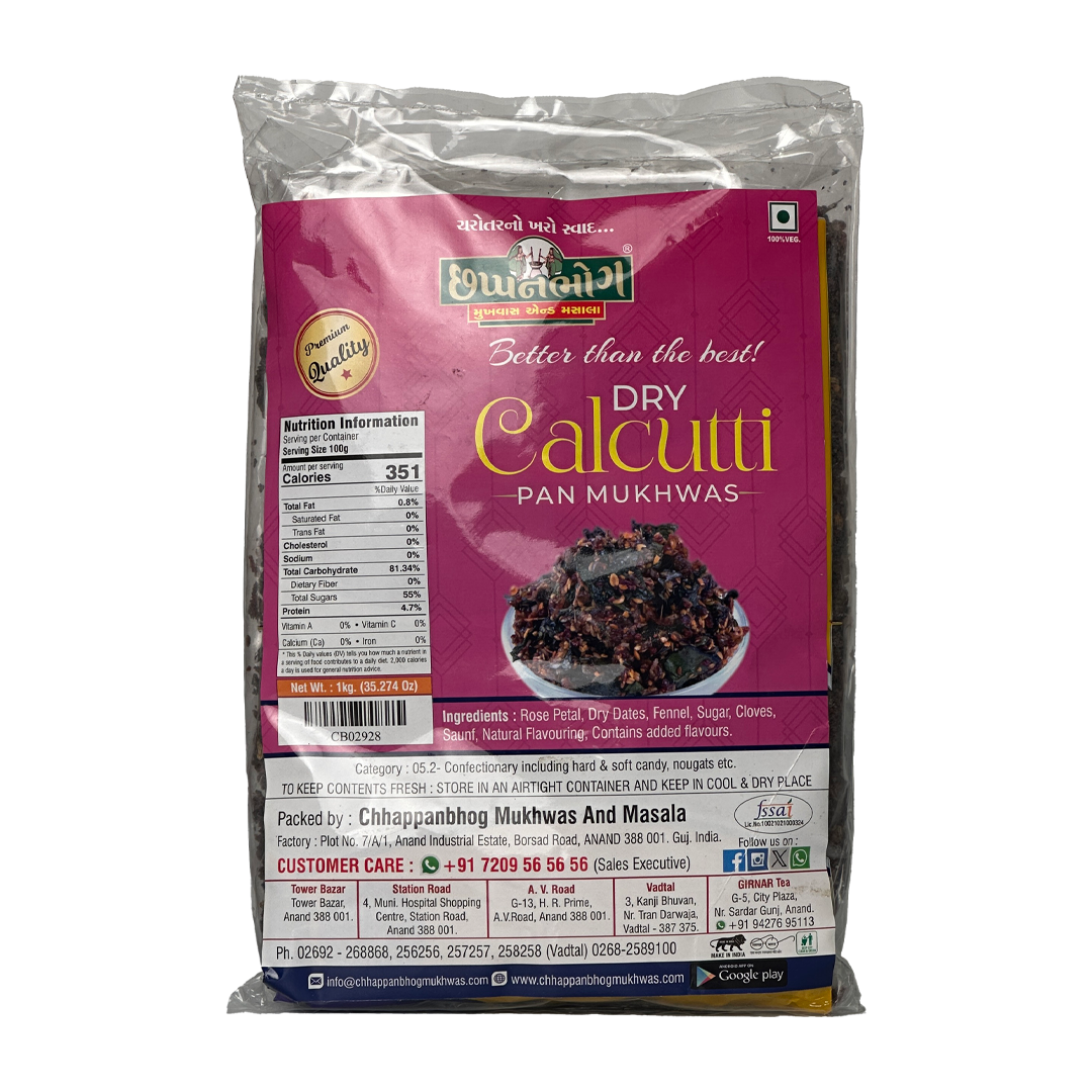 Chhappanbhog Dry Calcutti Pan Mukhwas 1 kg pack front view with ingredients list and nutrition info