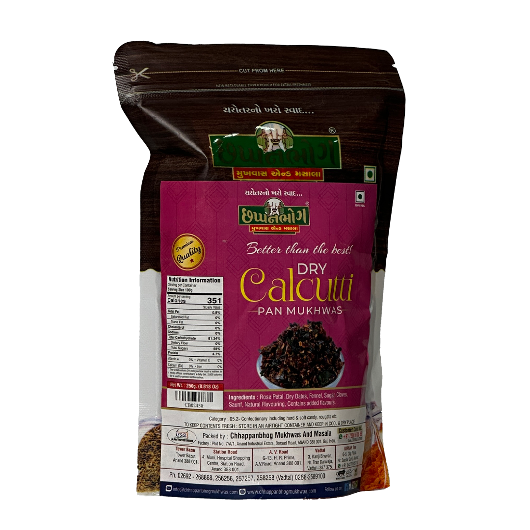 Chhappanbhog Dry Calcutti Pan Mukhwas 250g pack with front view, ingredients list, and nutrition information