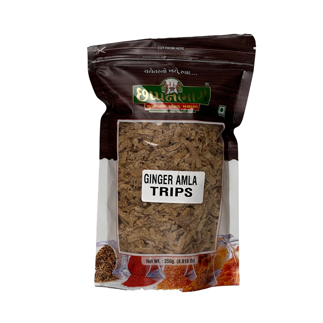 Front view of Chhappanbhog Ginger Amla Strips 250g pack