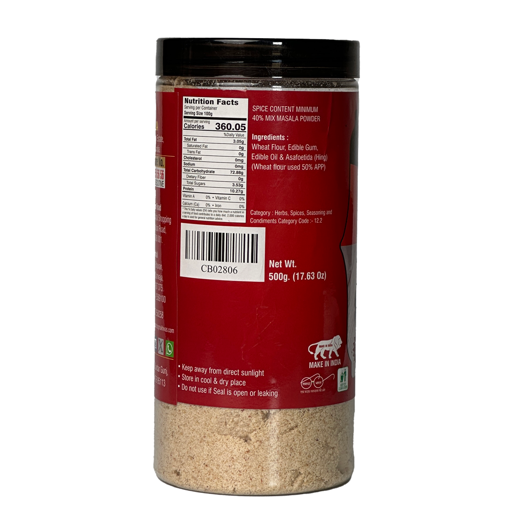 Chhappanbhog Hing 500g pack with back view, ingredients list, and nutrition information