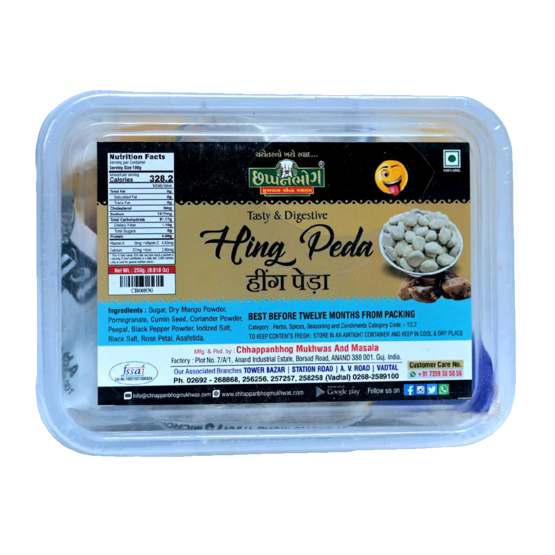chhappanbhog Hing Peda 250g pack with ingredients, nutrition facts, and packaging details