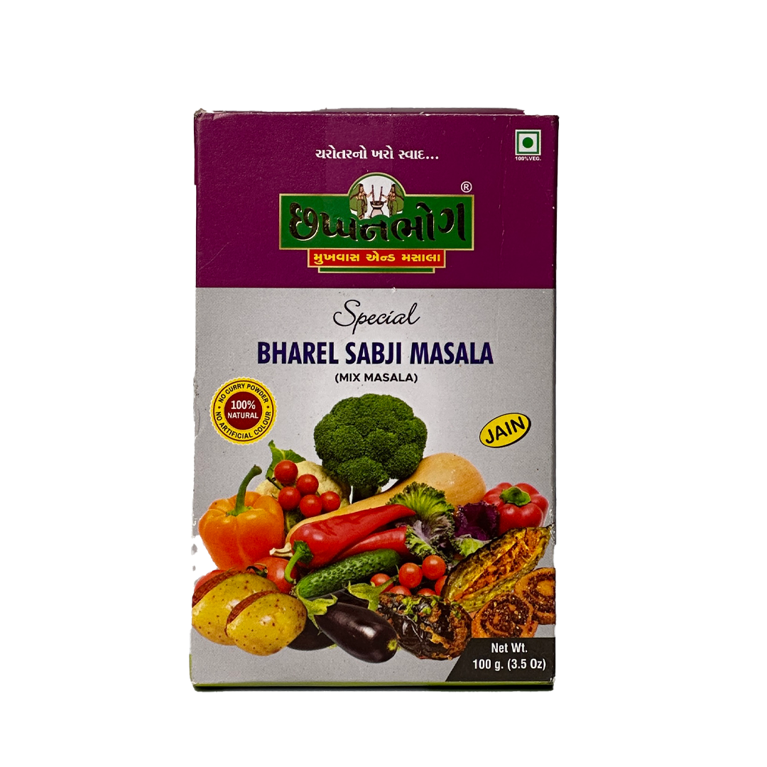 Chhappanbhog Jain Bharel Sabji Masala 100g front view showing premium Indian spice packaging