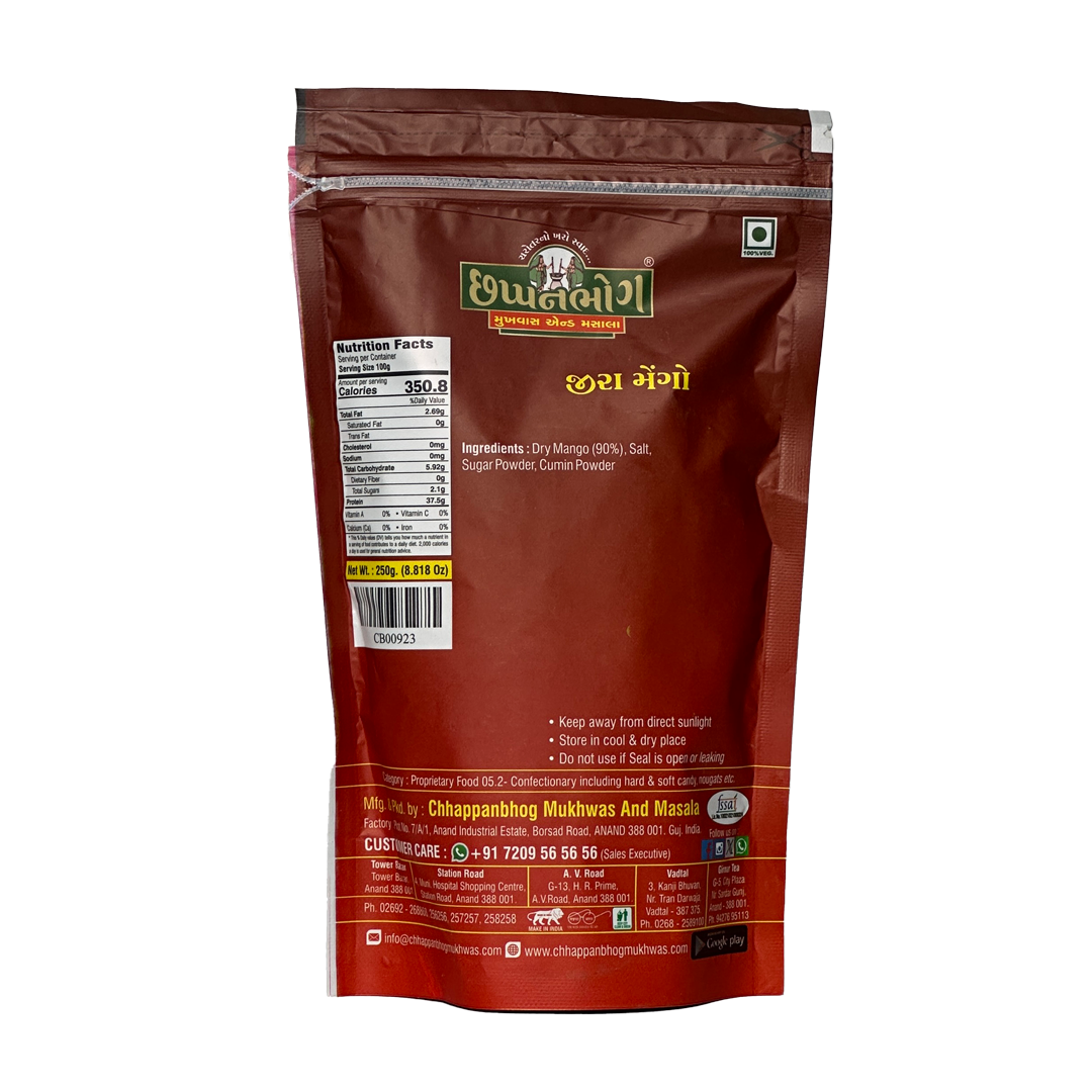 Chhappanbhog Jeera Mango 250g pack with back view, ingredients list, and nutrition information