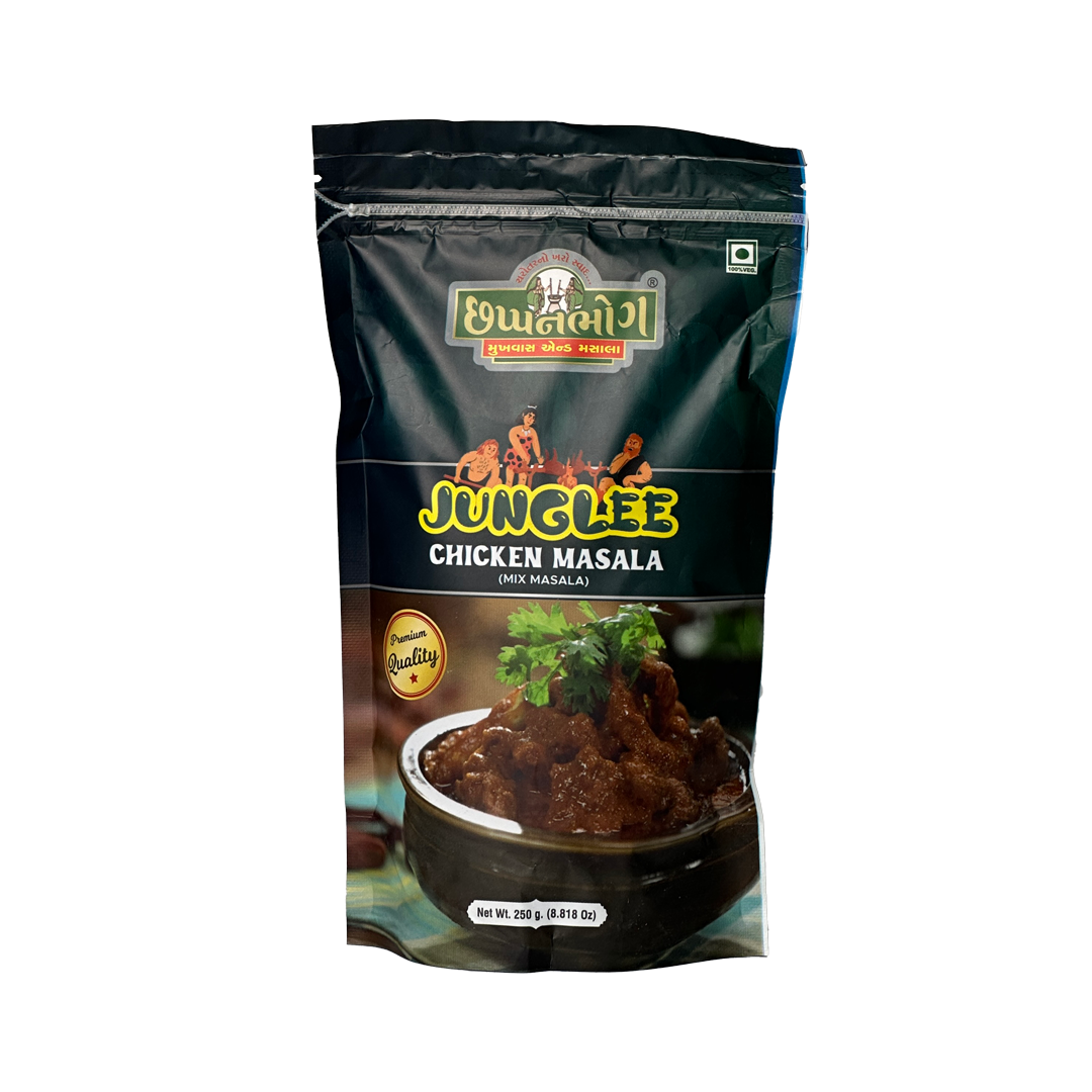 Front view of Chhappanbhog Junglee Chicken Masala 250g pack
