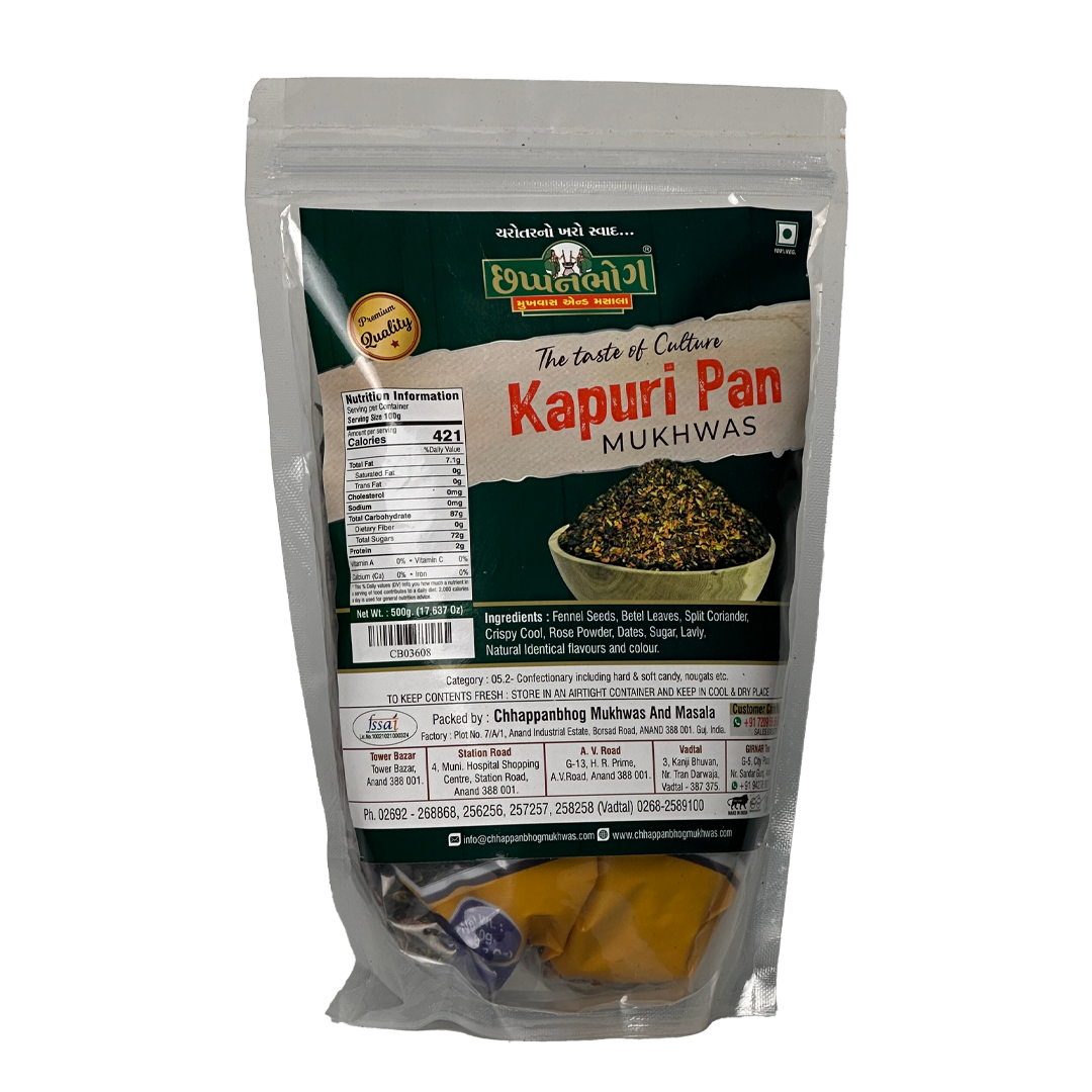 Chhappanbhog Kapuri Pan Mukhwas 500g pack with front view, ingredients list, and nutrition information