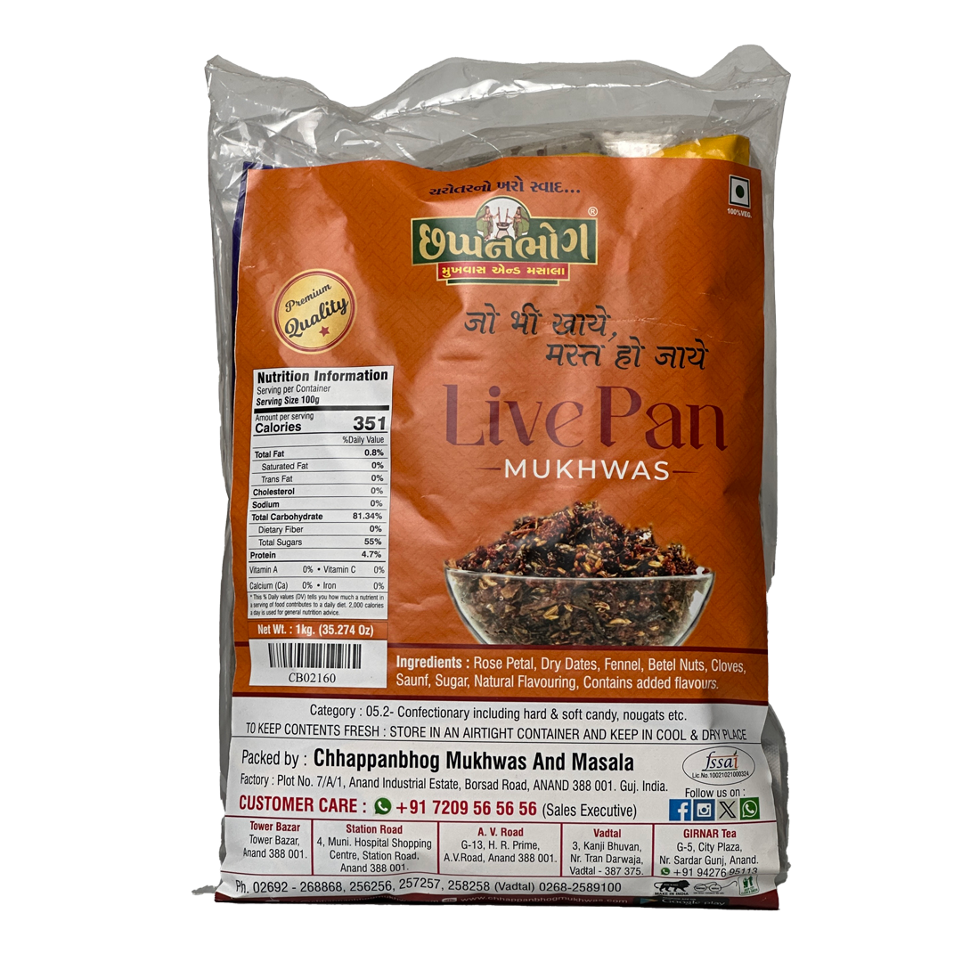 Chhappanbhog Live Pan Mukhwas 1kg front view showing packaging, ingredients, and nutrition info 