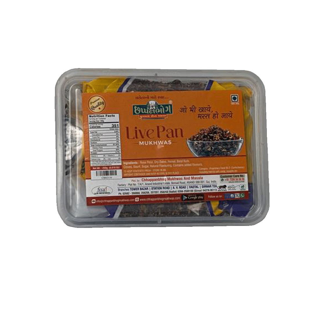 Chhappanbhog Live Pan Mukhwas 250gm front view showing ingredients, nutrition facts, and packaging details