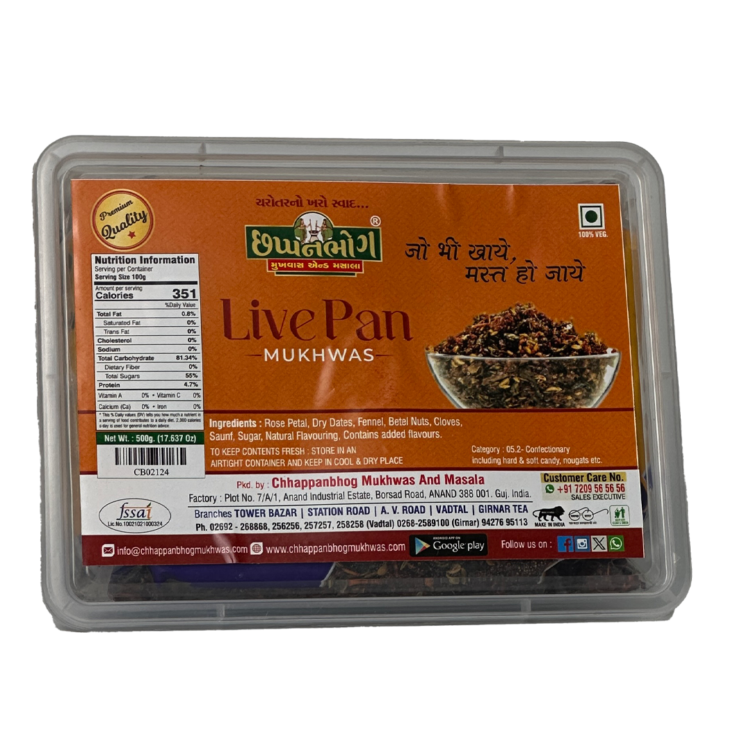 Chhappanbhog Live Pan Mukhwas 500g pack with ingredients and nutritional info