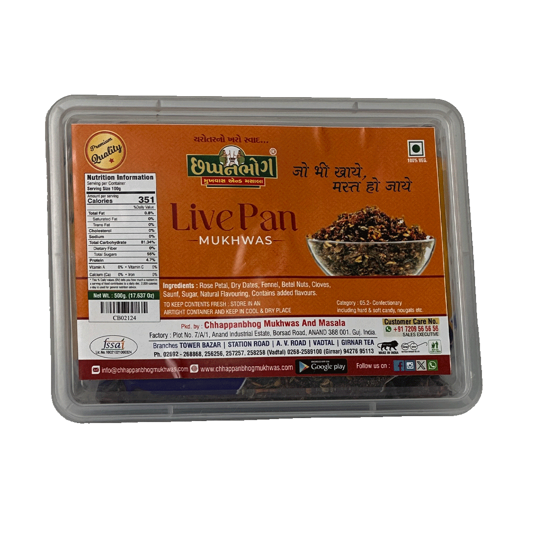 Chhappanbhog Live Pan Mukhwas 500gm front view showing ingredients, nutrition facts, and packaging details
