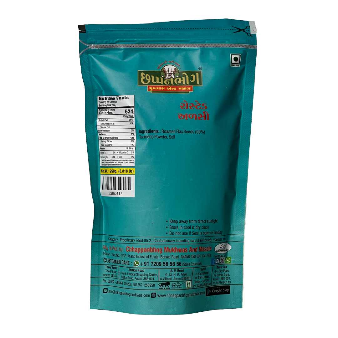 Chhappanbhog Roasted Alsi Flaxseed 250g back view – nutritional information, ingredients and packaging details