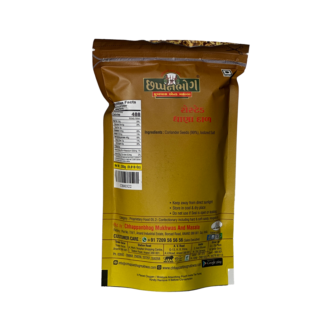 Chhappanbhog Roasted Dhana Dal 250g pack with back view, ingredients list, and nutrition information