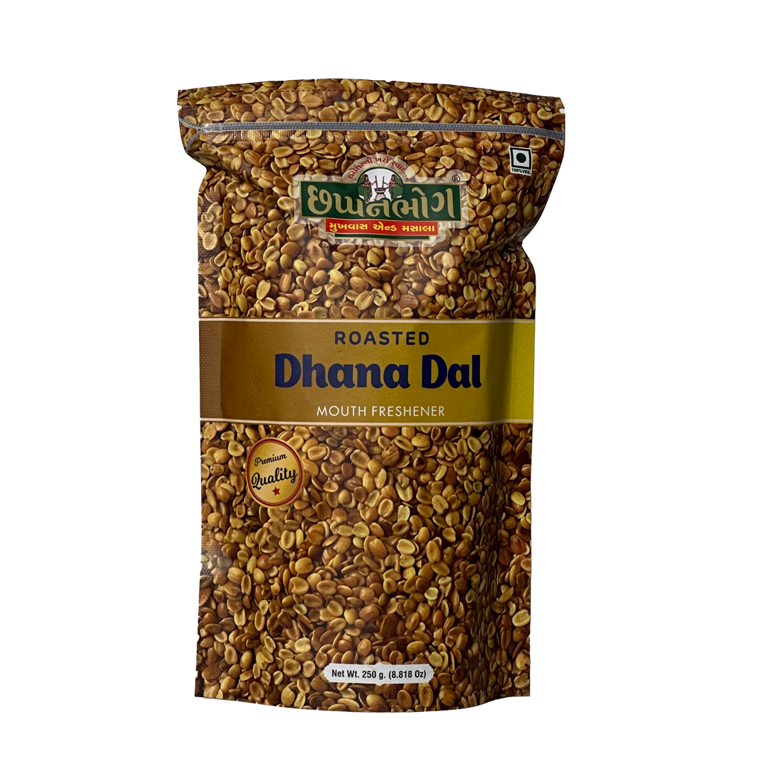Chhappanbhog Roasted Dhana Dal 250gm front view – premium Indian dal packaging