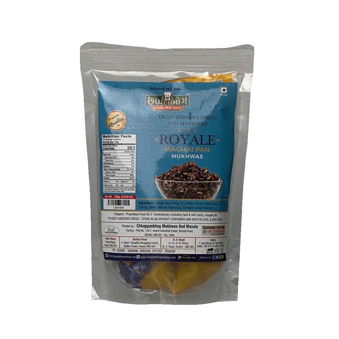 Chhappanbhog Royal Maghai Pan 250gm front view showing ingredients, nutrition facts, and packaging details