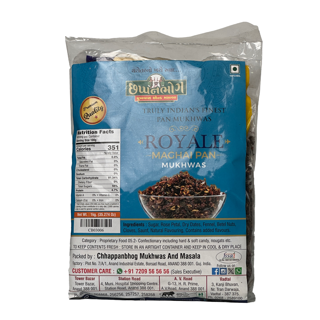 1kg Chhappanbhog Royal Maghai Pan Mukhwas pack with ingredients and nutrition info