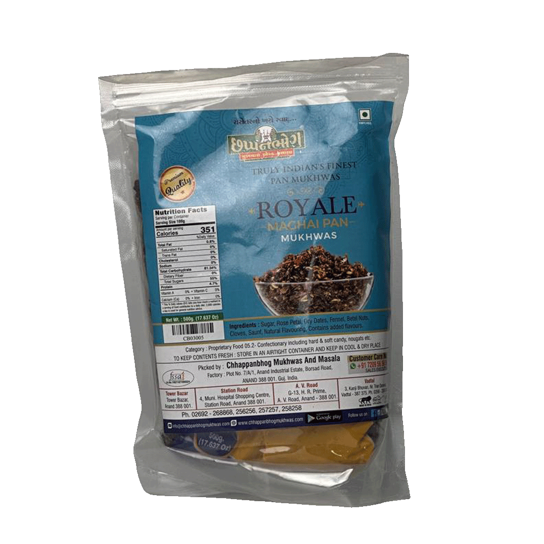 Chhappanbhog Royal Maghai Pan Mukhwas 500gm front view showing ingredients, nutrition facts, and packaging details