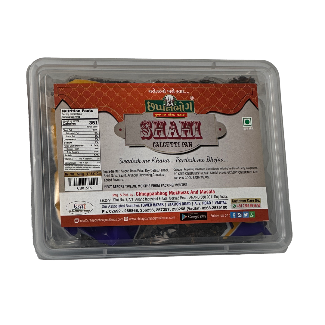 Chhappanbhog Shahi Calcutti Pan 500gm pack with front view, ingredients list, and nutrition info