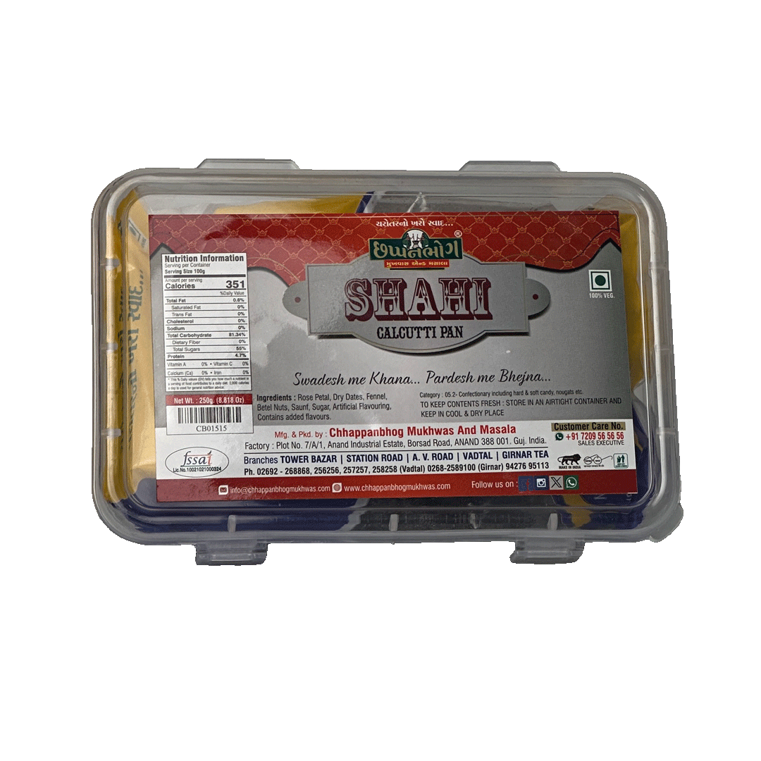 Chhappanbhog Shahi Culcuti Pan 250gm front view showing ingredients, nutrition facts, and packaging details