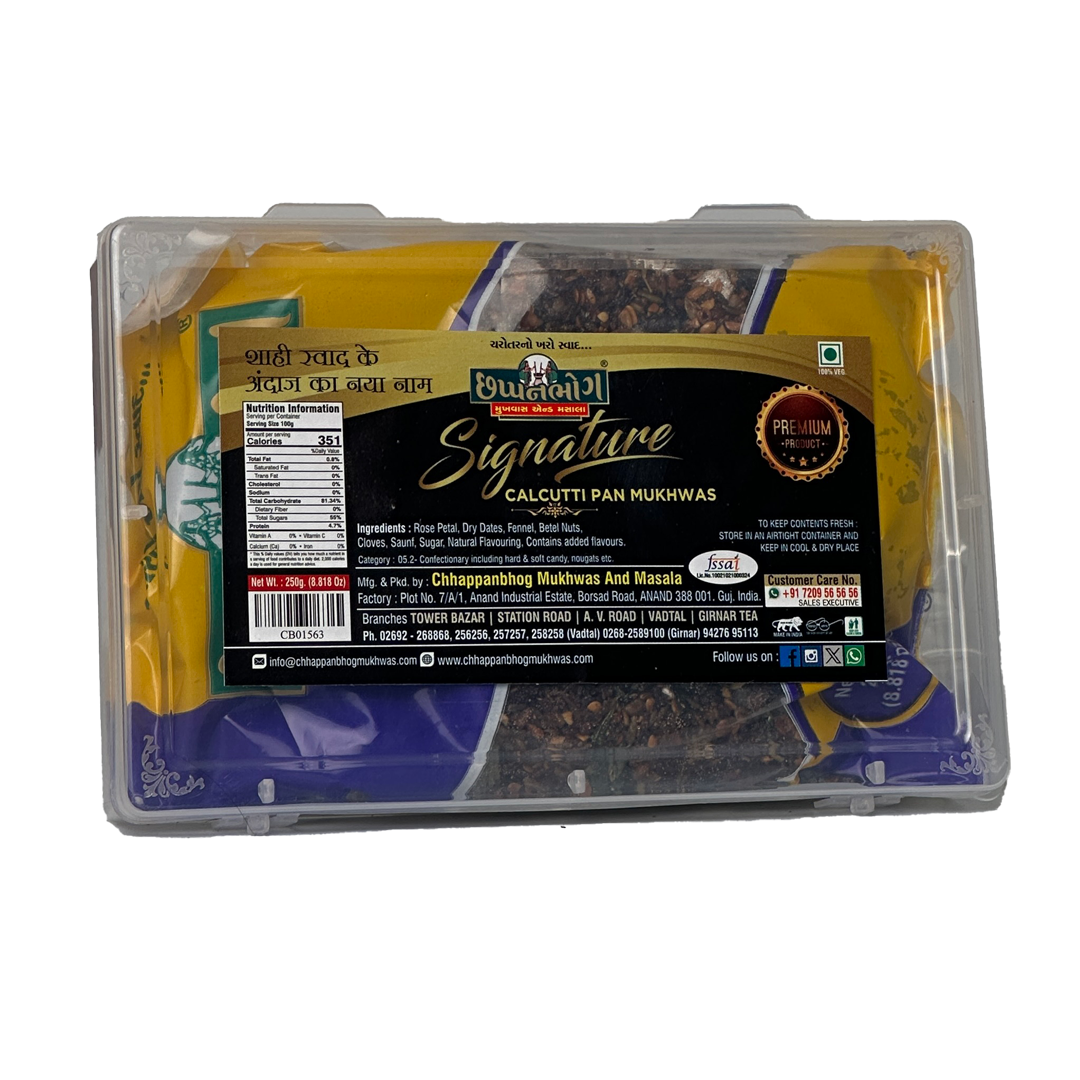 Chhappanbhog Signature Calcutti Paan Mukhwas 250g pack with front view, ingredients list, and nutrition information