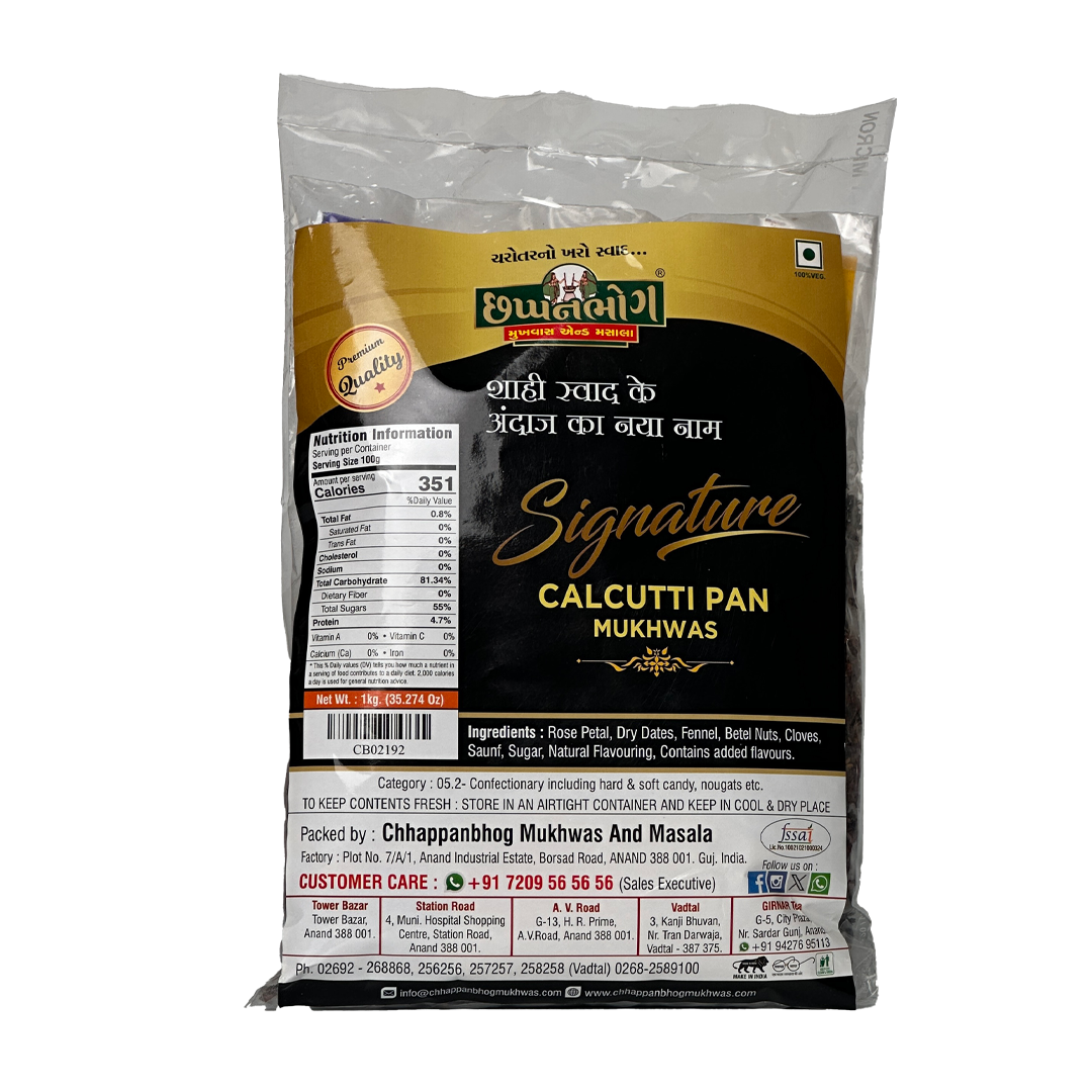 Chhappanbhog Signature Calcutti Pan 1kg pack with front view, ingredients list, and nutrition information
