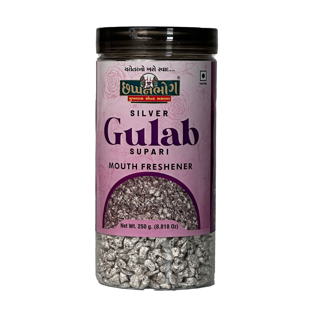 Front view of Chhappanbhog Silver Gulab Supari Mouth Freshener 250g pack