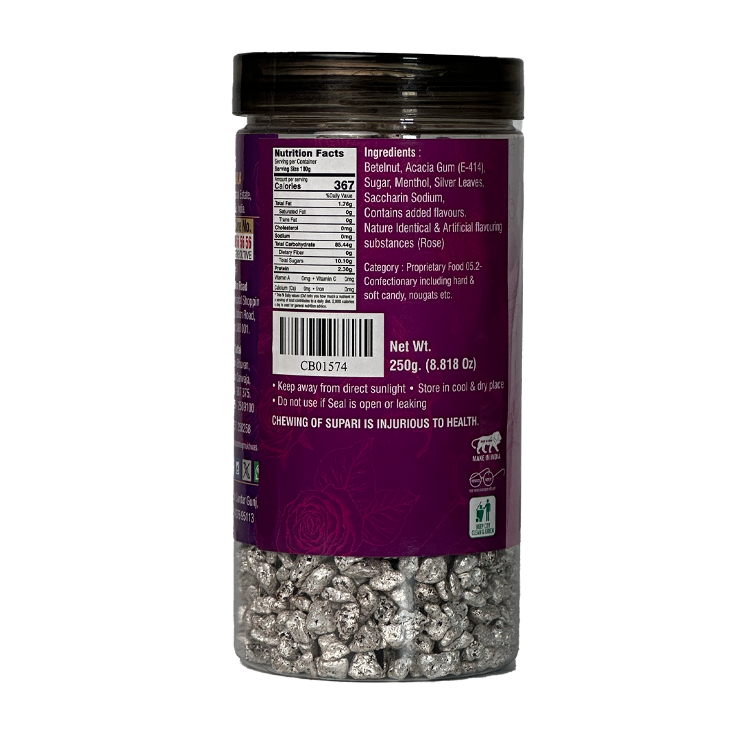 Chhappanbhog Silver Gulab Supari Mouth Freshener 250g side view showing premium packaging, ingredients, and nutrition info