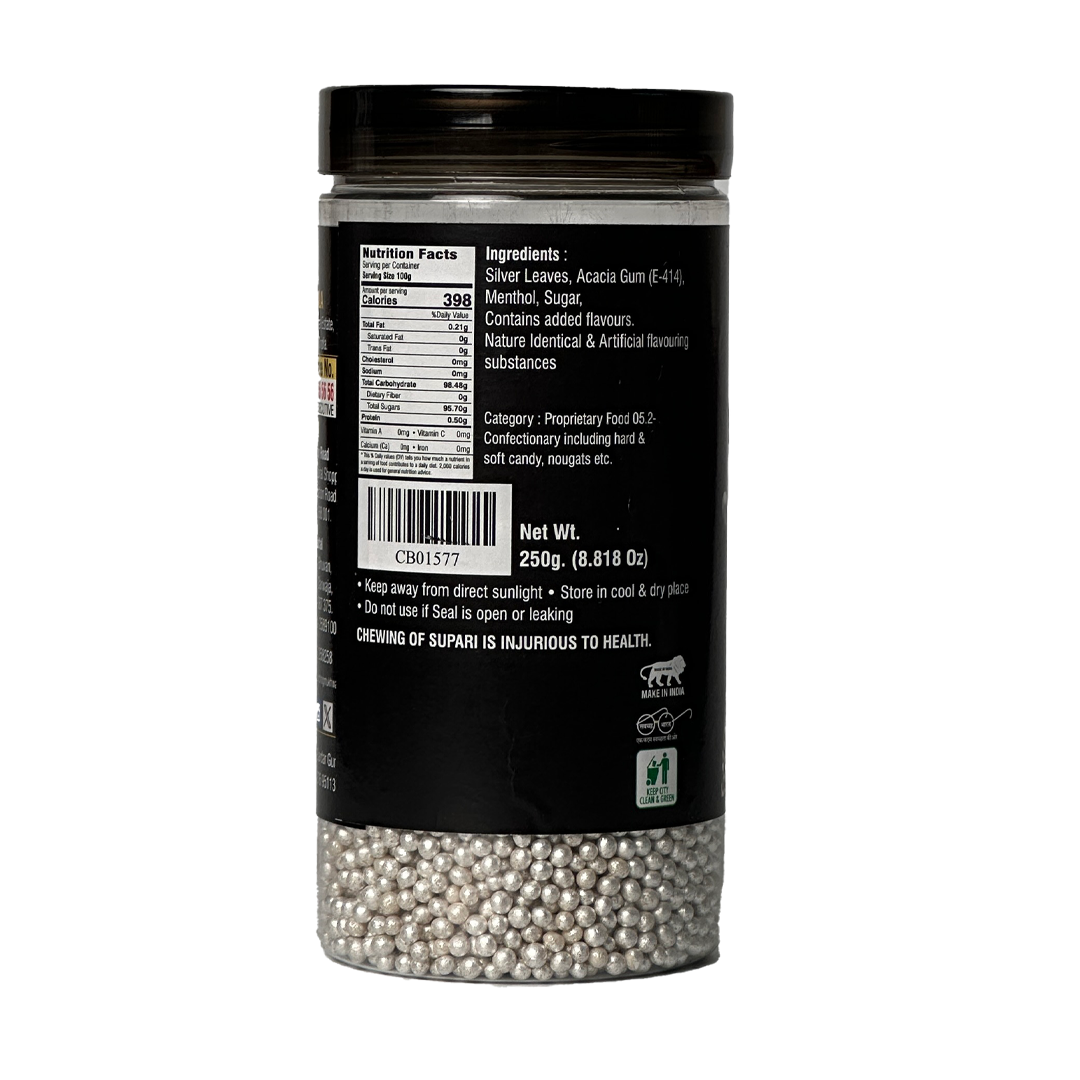 Chhappanbhog Silver Jintan Mouth Freshener 250g side view showing premium Indian mouth freshener packaging, ingredients, and nutrition info