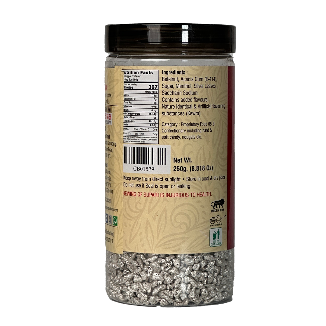 Side view of Chhappanbhog Silver Kewda Supari 250gm packaging details