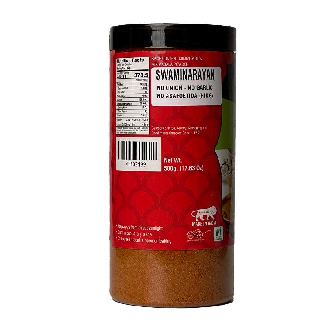 Chhappanbhog Swaminarayan Sambhar Masala 500g side view with ingredients, nutritional information, and spice details