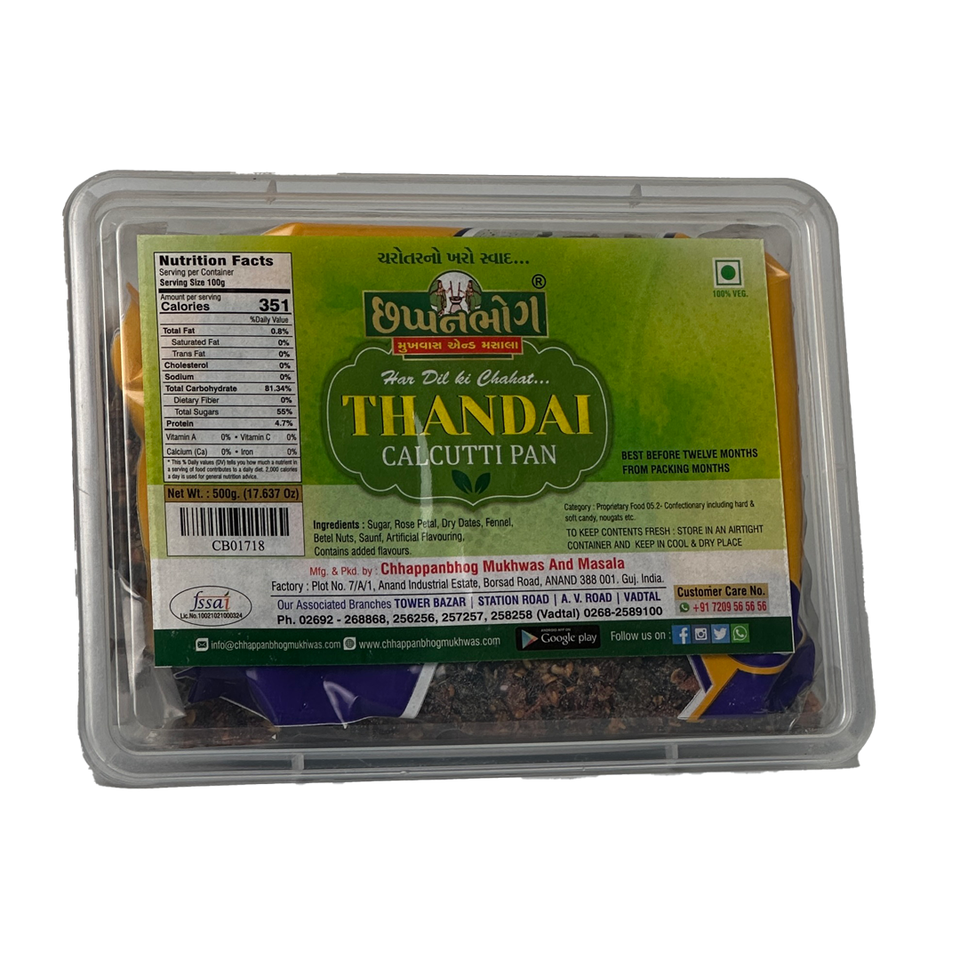 Chhappanbhog Thandai Calcutta Pan 500g pack with ingredients and nutritional info