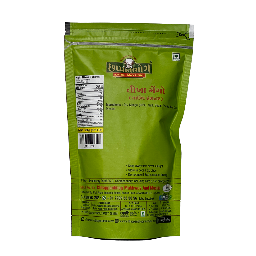 250gm Chhappanbhog Tikha Mango pack with ingredients and nutrition info