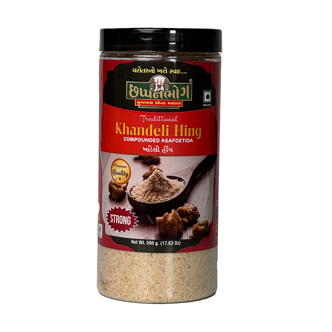 Front view of Chhappanbhog Traditional Khandeli Strong Hing 500g pack