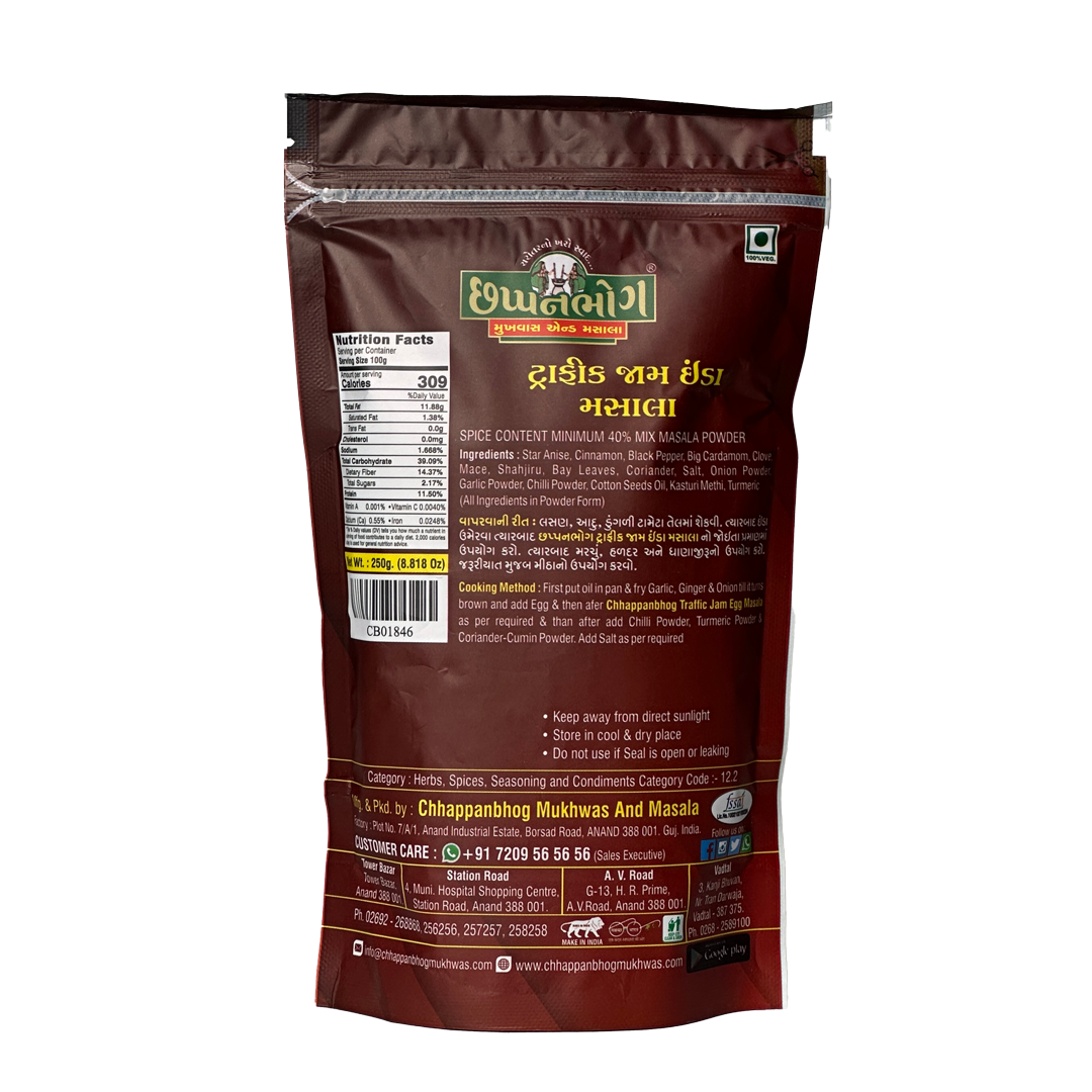 Chhappanbhog Traffic Jam Egg Masala 250g back view with ingredients, nutritional information, and spice details