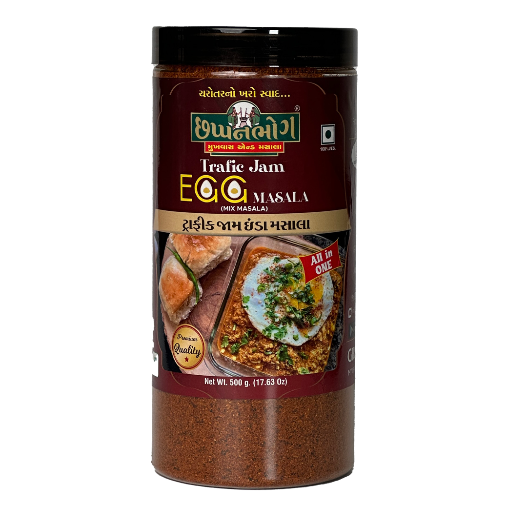 Front view of Chhappanbhog Traffic Jam Egg Masala 500g pack