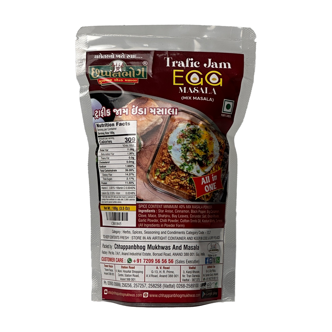 Chhappanbhog Traffic Jam Egg Masala 100g front view showing ingredients, nutrition facts, and packaging details